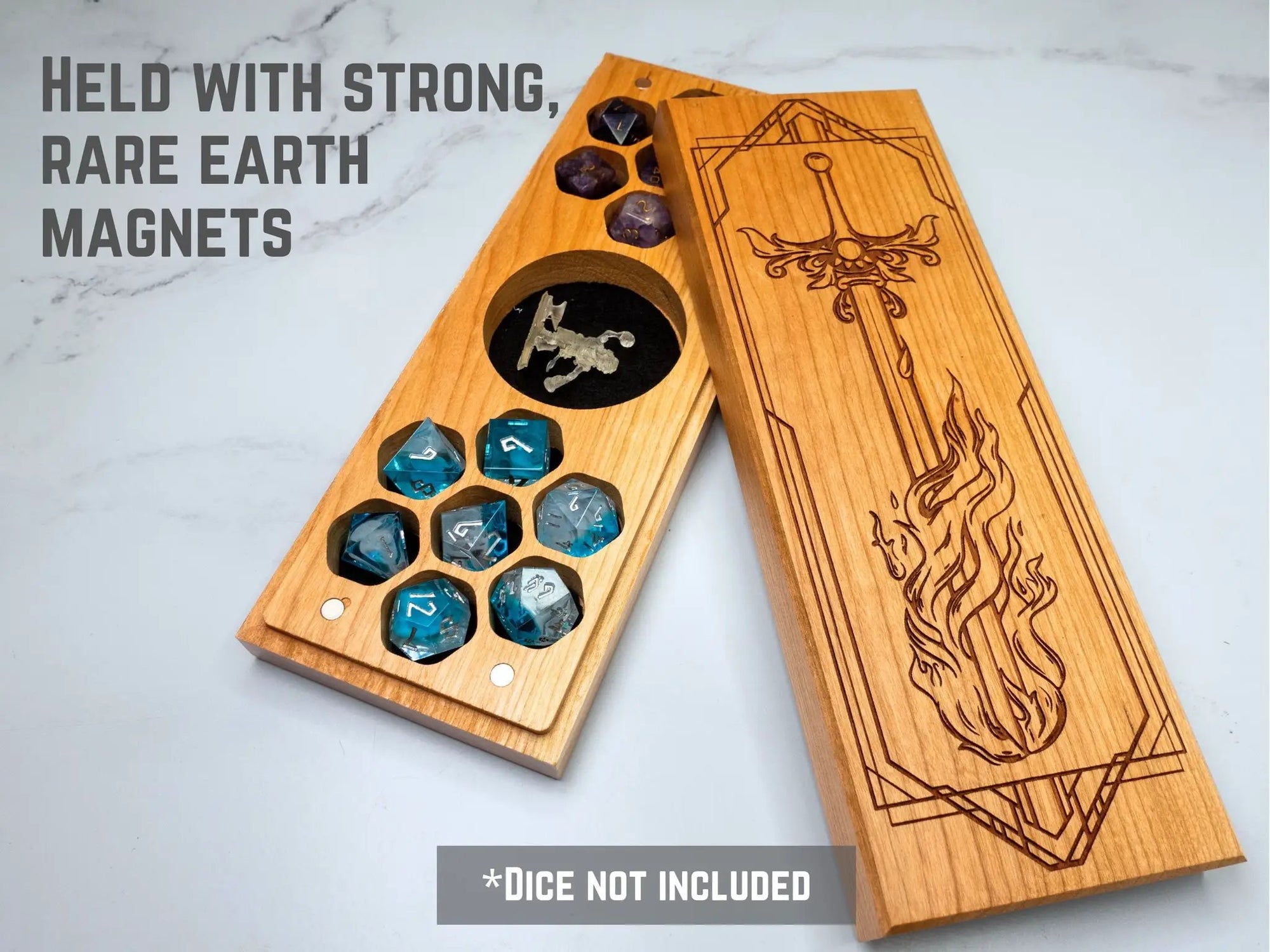 Purpleheart Flaming Sword dual hex dice vault by Talon & Claw, featuring intricate flaming sword design and secure storage for gaming dice.