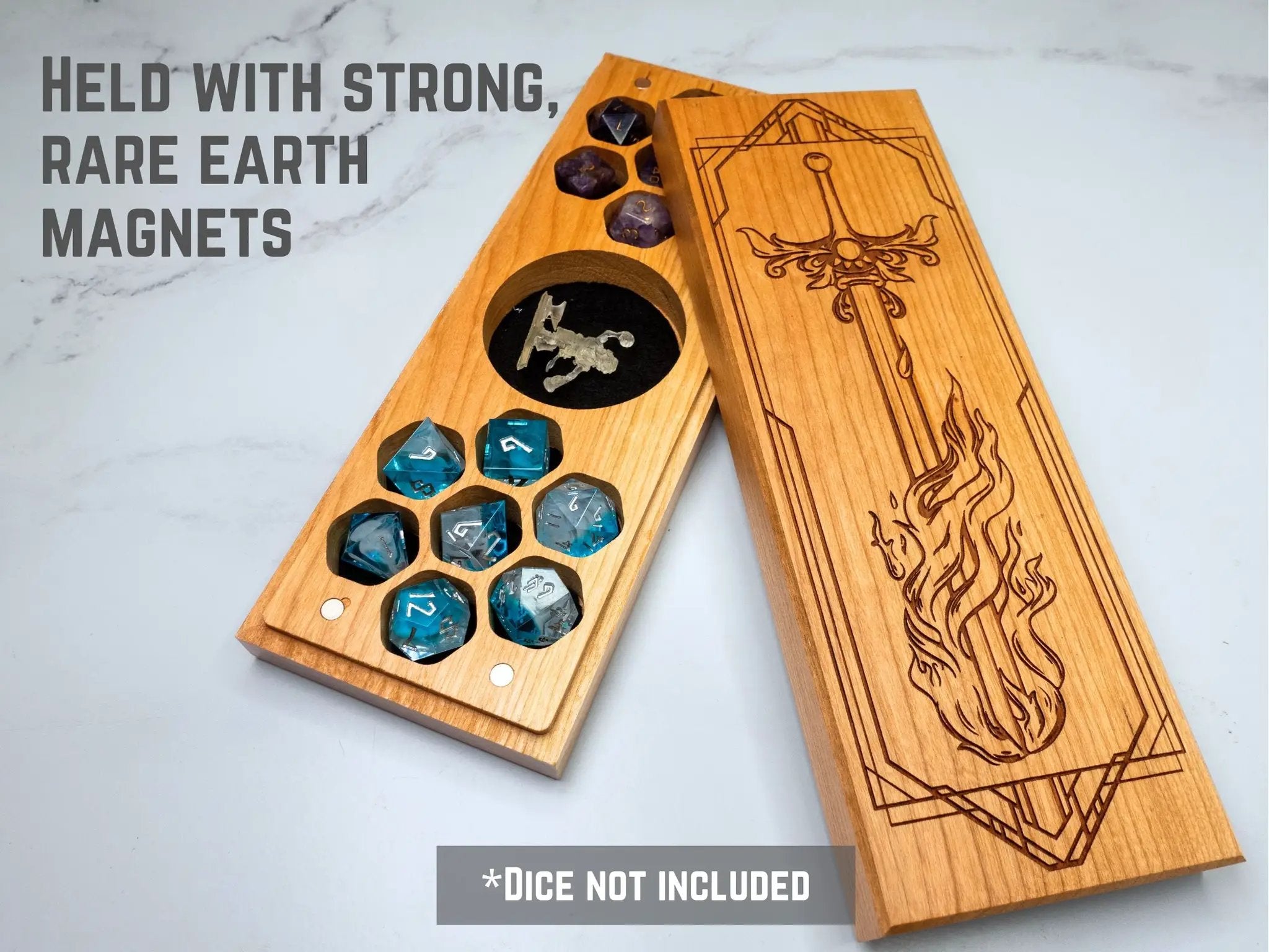 Purpleheart Flaming Sword dual hex dice vault by Talon & Claw, featuring intricate flaming sword design and secure storage for gaming dice.