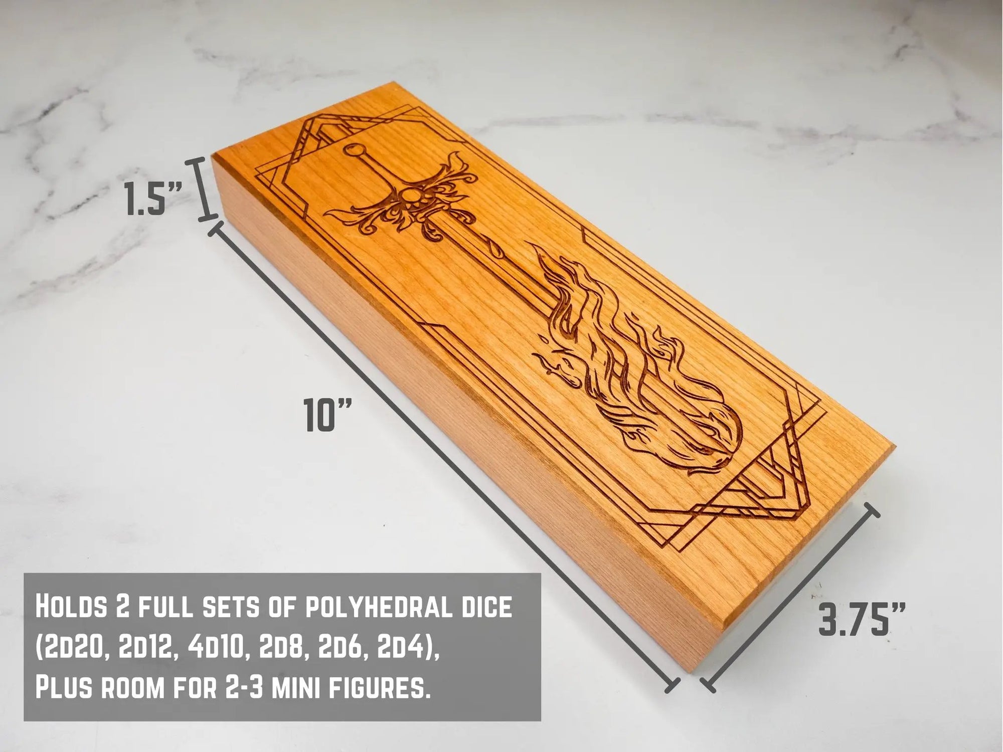 Purpleheart Flaming Sword dual hex dice vault by Talon & Claw, featuring a detailed flaming sword design on a compact storage container.