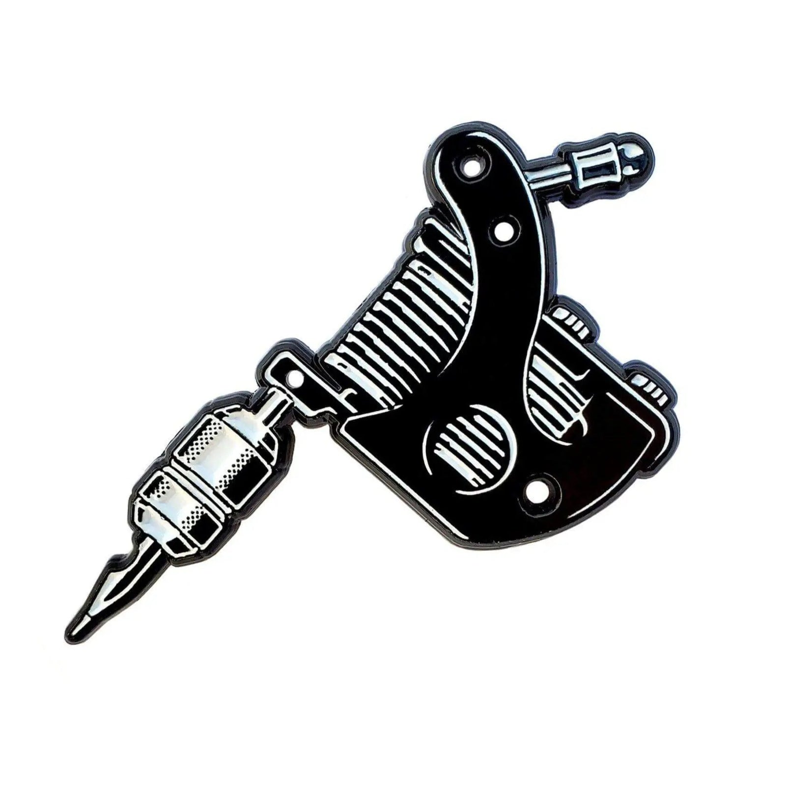 Kolorspun enamel tattoo machine pin, collectible pin featuring a detailed tattoo machine design on a metal backing.