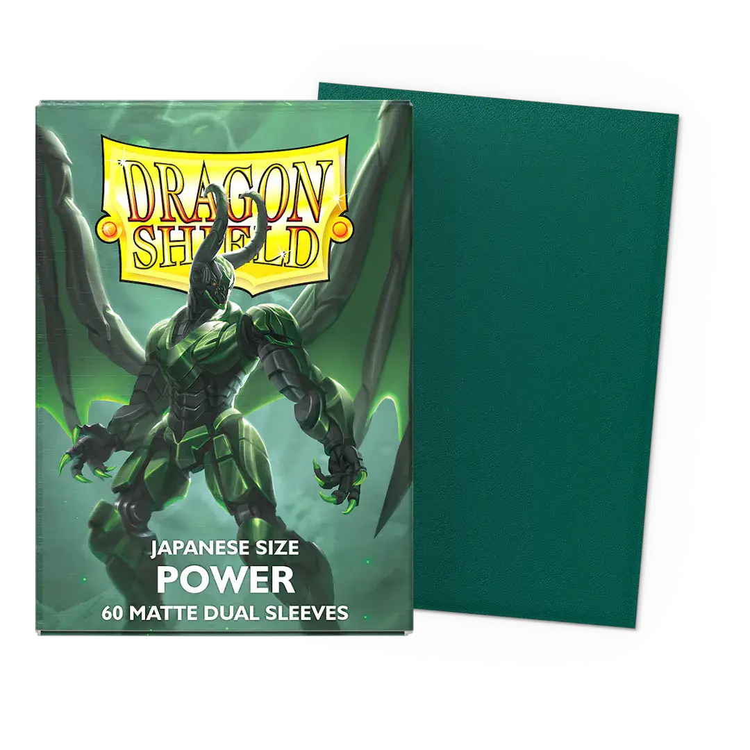 Japanese size Power Matte Dual Sleeves accessory in a box, designed for card protection and storage by THE MIGHTY HOBBY SHOP.