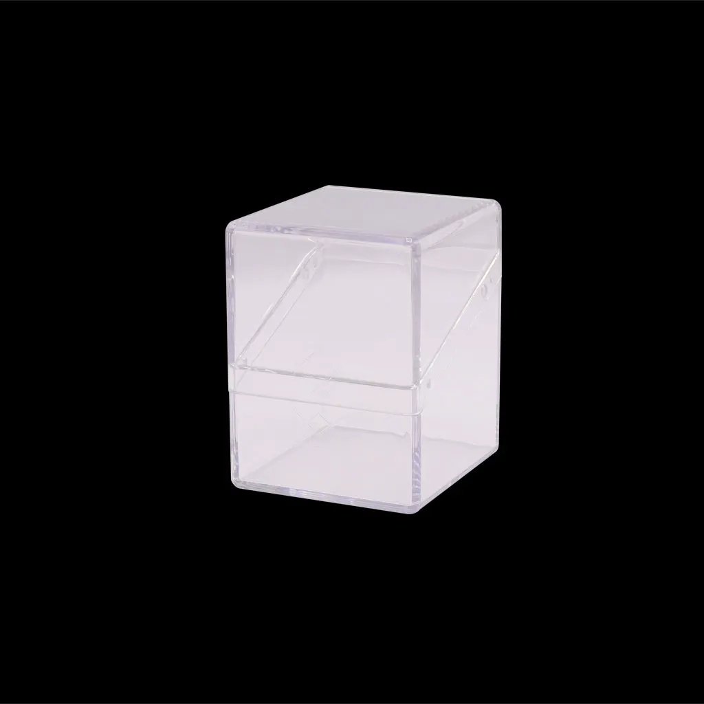 Small clear Nano Deckbox by The Mighty Hobby Shop for storing and organizing miniature game accessories.