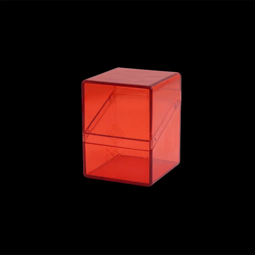 Small red Nano Deckbox from The Mighty Hobby Shop with black background, compact storage for miniature gaming accessories.