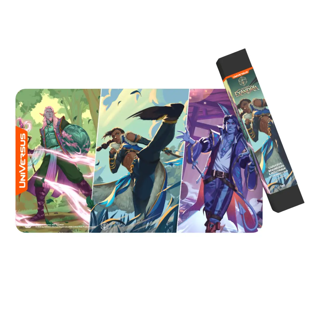 Critical Role Heroes of Exandria playmat by UNIVERSUS, featuring detailed fantasy artwork with vibrant colors and intricate designs.