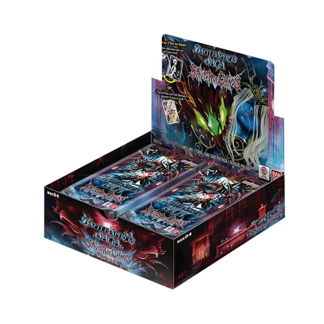 Savior of Chaos booster box from the Savior of Chaos card game by THE MIGHTY HOBBY SHOP, featuring colorful card artwork.