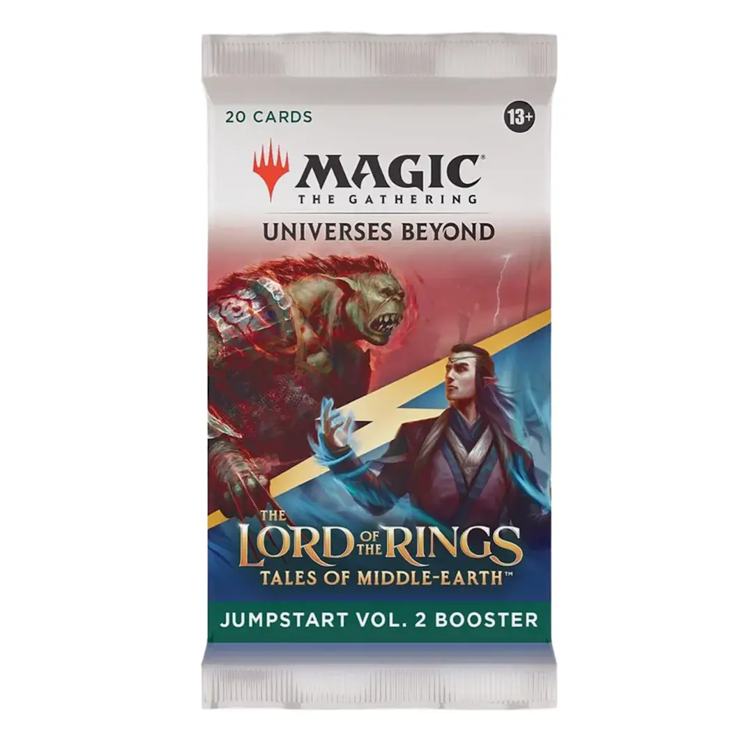The Lord of the Rings Tales of Middle-earth Jumpstart Vol. 2 booster pack for card games, featuring fantasy-themed card illustrations.