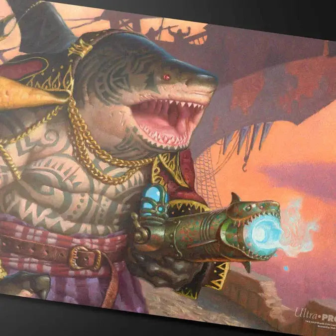 Close-up of Aetherdrift Captain Howler Sea Scourge Magic: The Gathering playmat featuring detailed ocean-themed artwork and vibrant colors.