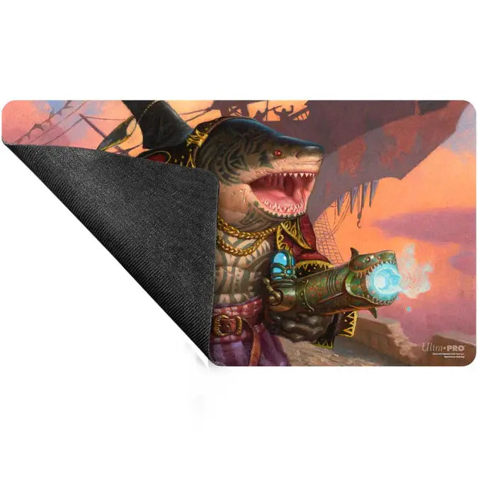 Aetherdrift Captain Howler Sea Scourge playmat for Magic: The Gathering, featuring detailed artwork of a ship captain and sea monsters.