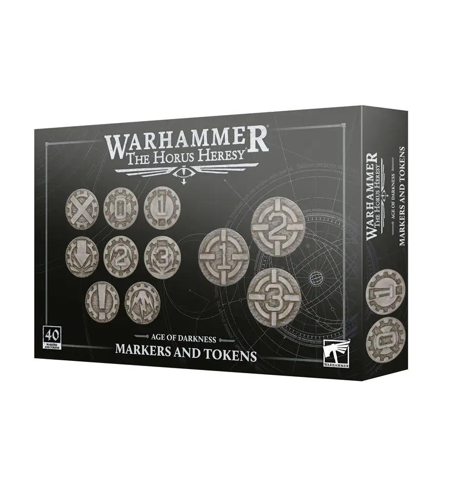 Set of Age of Darkness markers and tokens from THE MIGHTY HOBBY SHOP, featuring various game pieces for tabletop strategy.