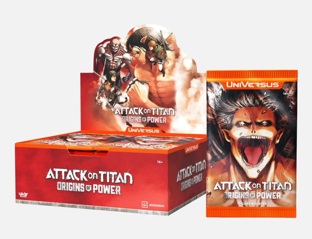 Screenshot of Attack on Titan: Origins of Power Booster Box packaging, featuring artwork related to the Attack on Titan series.