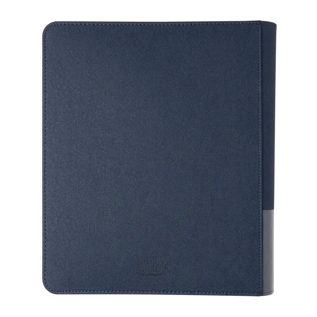 Midnight blue Card Codex Zipster binder by THE MIGHTY HOBBY SHOP with a zipper closure and regular size, shown open with pages inside.