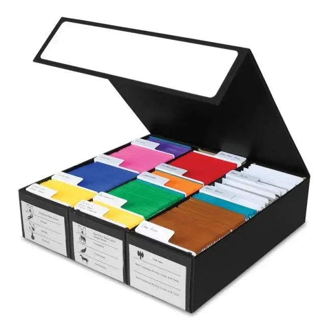 Black card game box with 3 rows and white accents, designed by THE MIGHTY HOBBY SHOP for organizing playing cards.