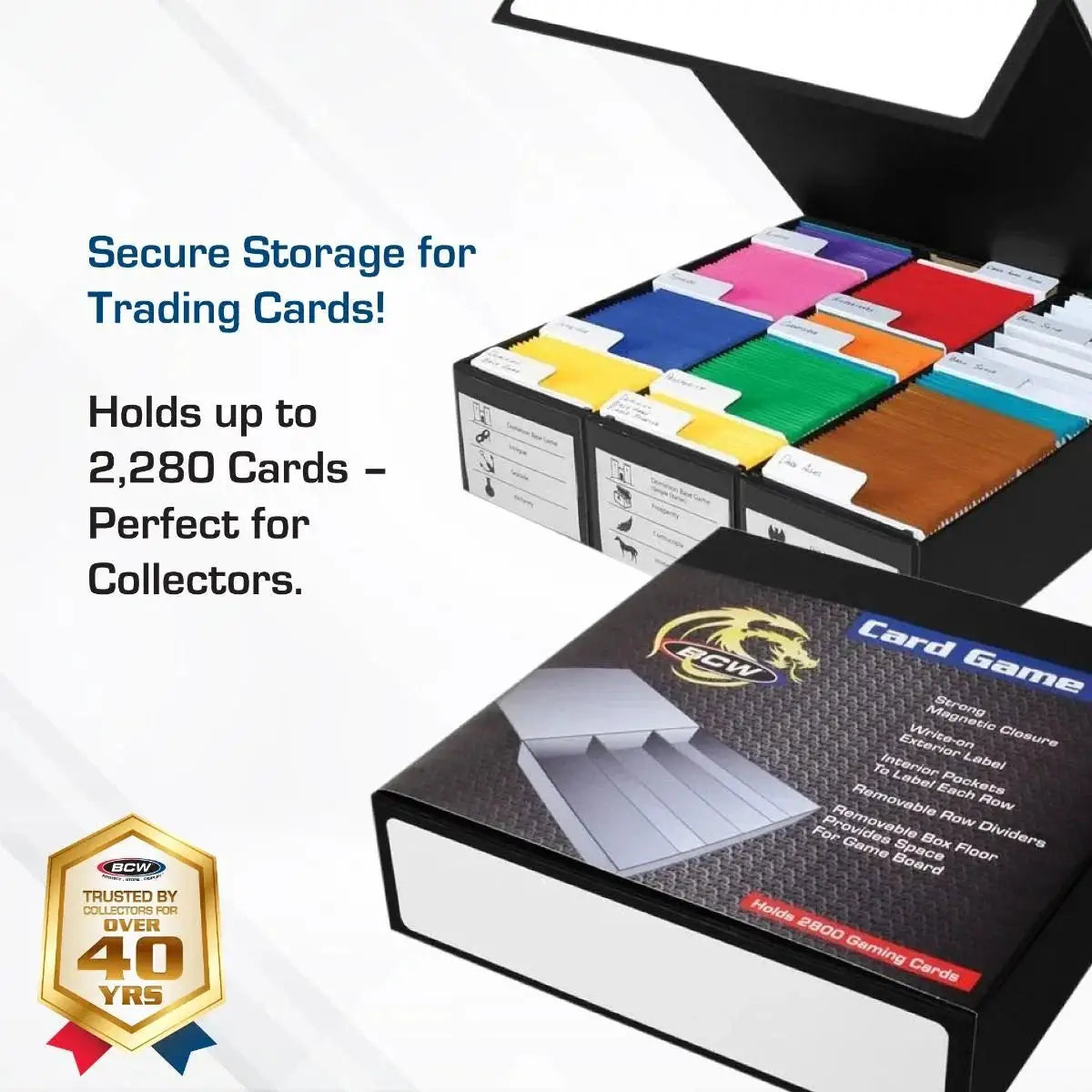 Black card game box with three rows and white detailing, designed for organized storage of playing cards.