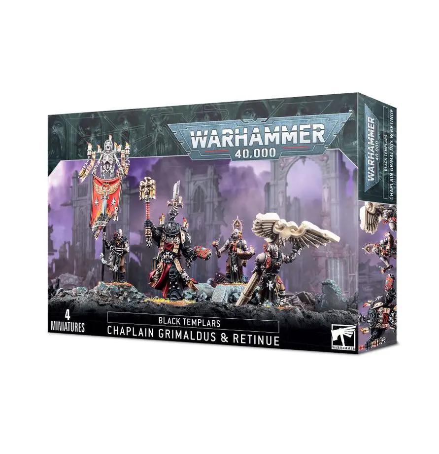 Chaplain Grimaldus with retinue miniatures from Warhammer 40K, detailed painted models in military armor and religious robes.