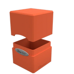 Orange satin cube puzzle from THE MIGHTY HOBBY SHOP, featuring smooth, glossy surface and geometric shape on a plain background.