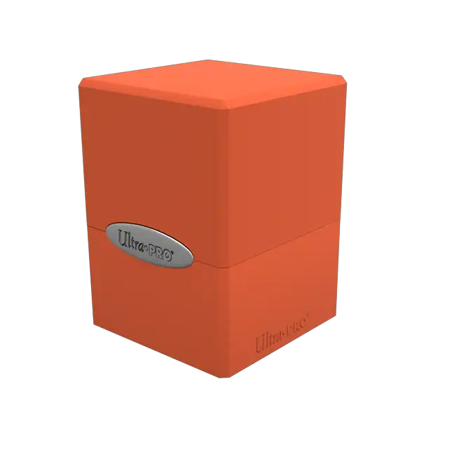 Orange satin cube from THE MIGHTY HOBBY SHOP, showing a smooth, shiny surface and geometric shape on a neutral background.