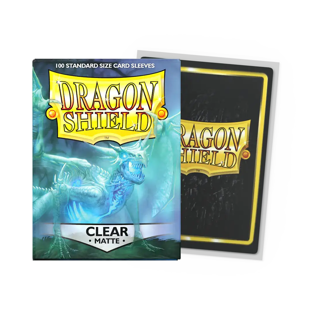 Flat image of a standard size clear matte sleeve box from THE MIGHTY HOBBY SHOP, showing multiple sleeves stacked inside.