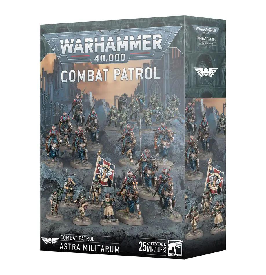 Astra Militarum Combat Patrol set from Warhammer 40K, featuring miniatures of soldiers and vehicles in military green.