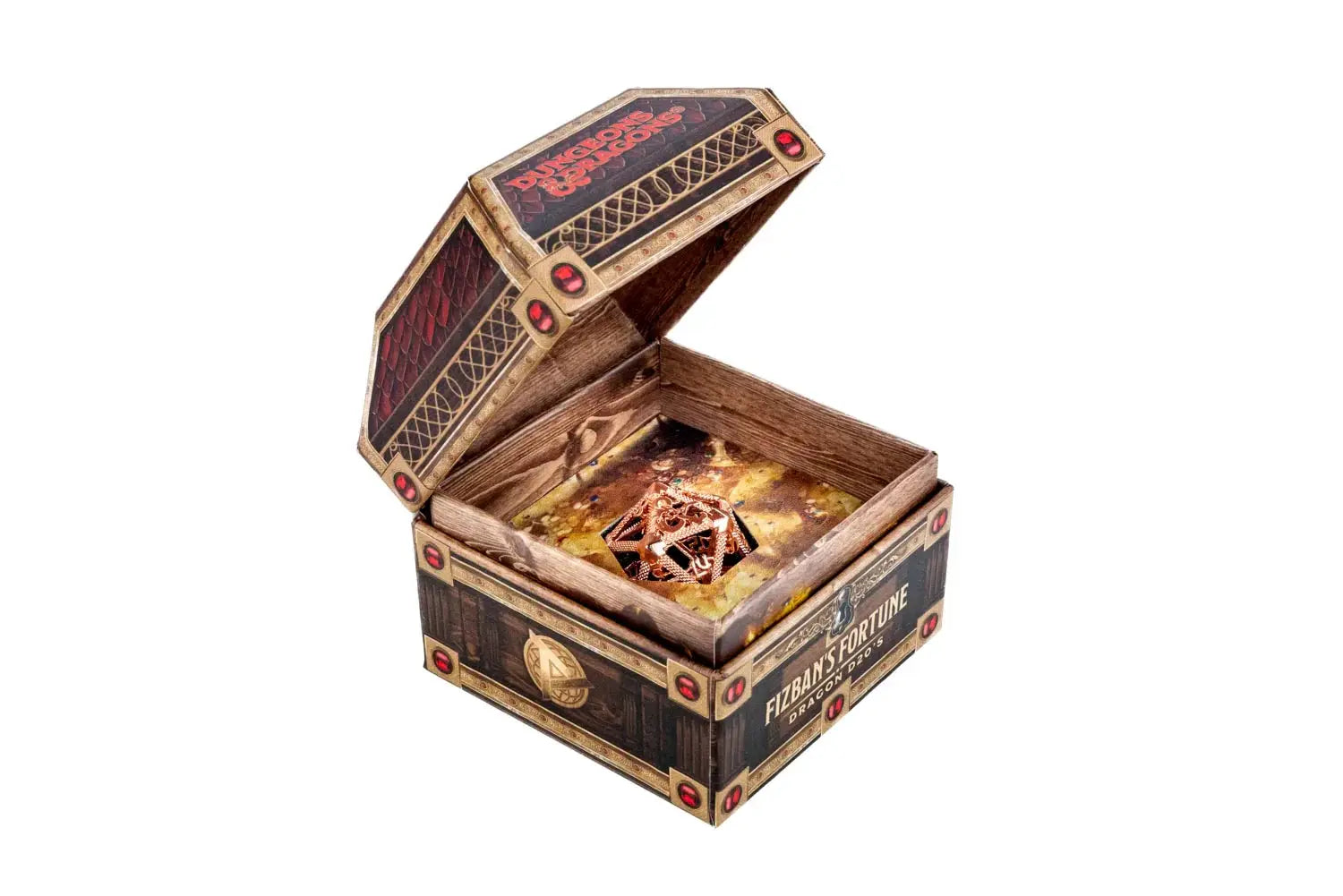 Fizban's Fortune Blind Mystery Box from D&D, featuring colorful fantasy-themed artwork and game-related contents.