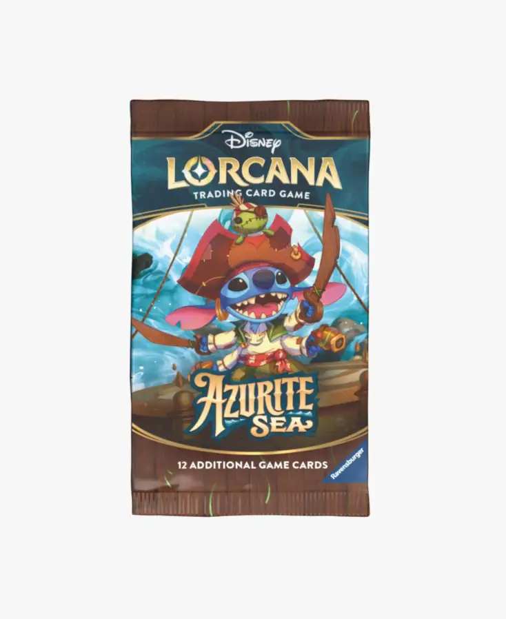 Disney Lorcana Azurite Sea booster pack by THE MIGHTY HOBBY SHOP featuring colorful cards from the Azurite Sea set.