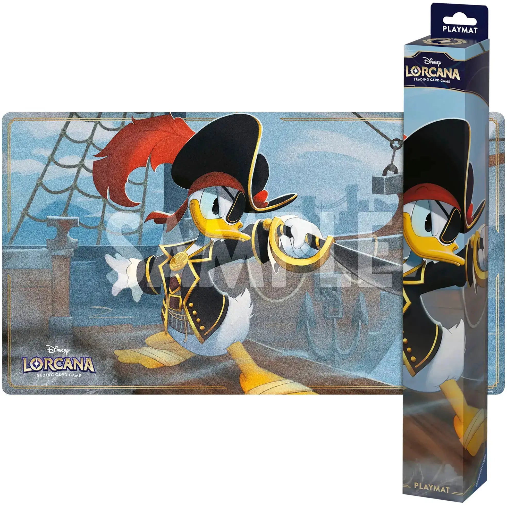 Disney Lorcana playmat featuring Donald Duck, vibrant design with colorful Disney character artwork on a soft fabric surface.