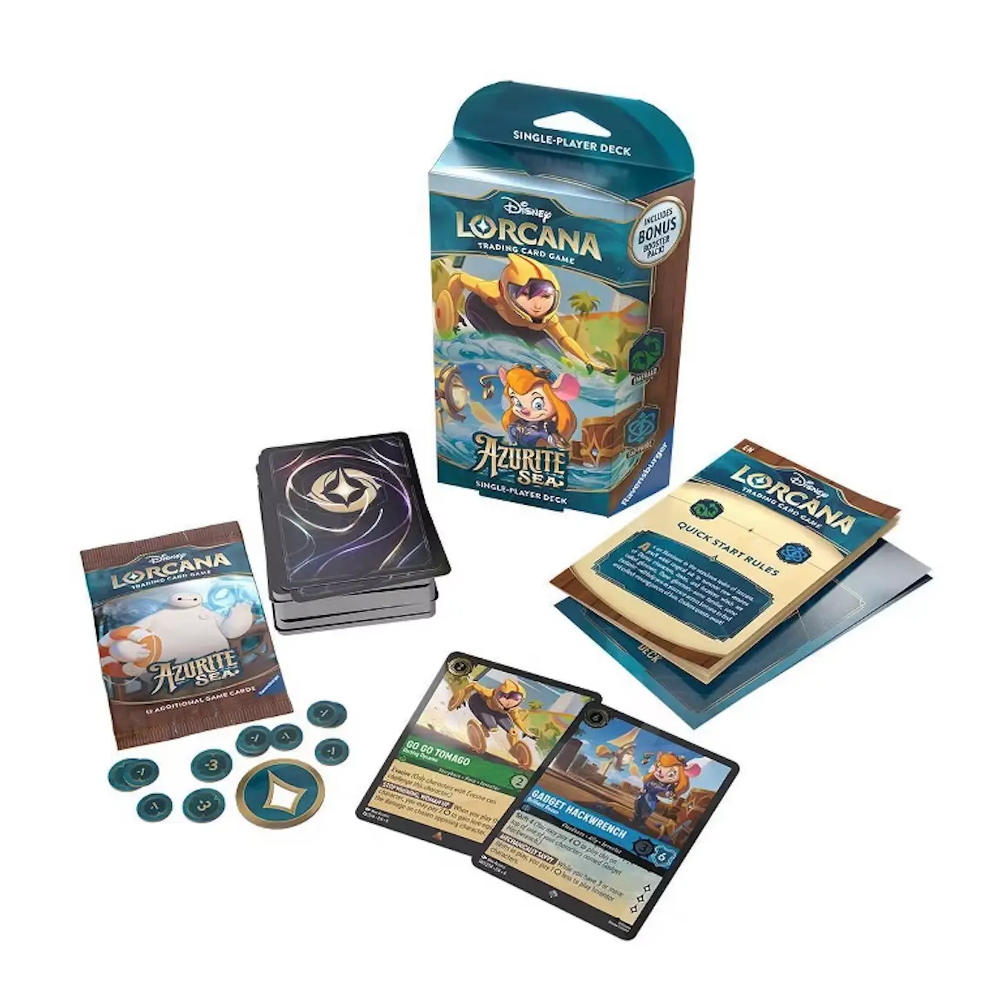 Disney Lorcana trading card game Azurite Sea, Emerald and Sapphire single-player deck, featuring colorful card illustrations.