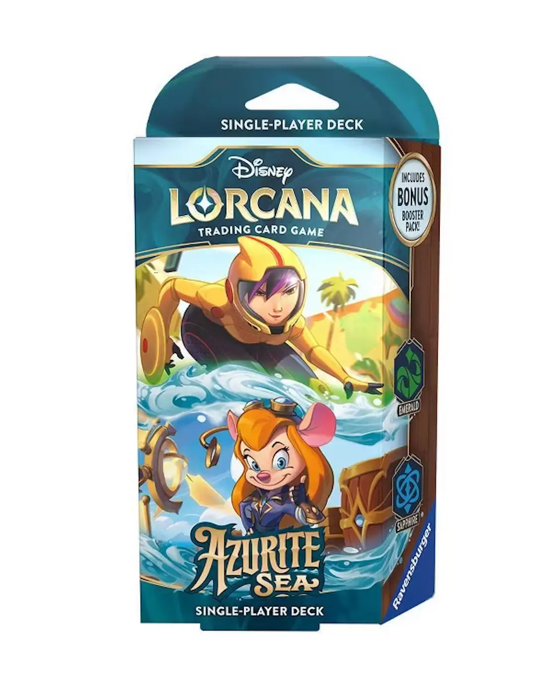 Disney Lorcana trading card game deck featuring Azurite Sea, Emerald, and Sapphire single-player cards with colorful artwork.