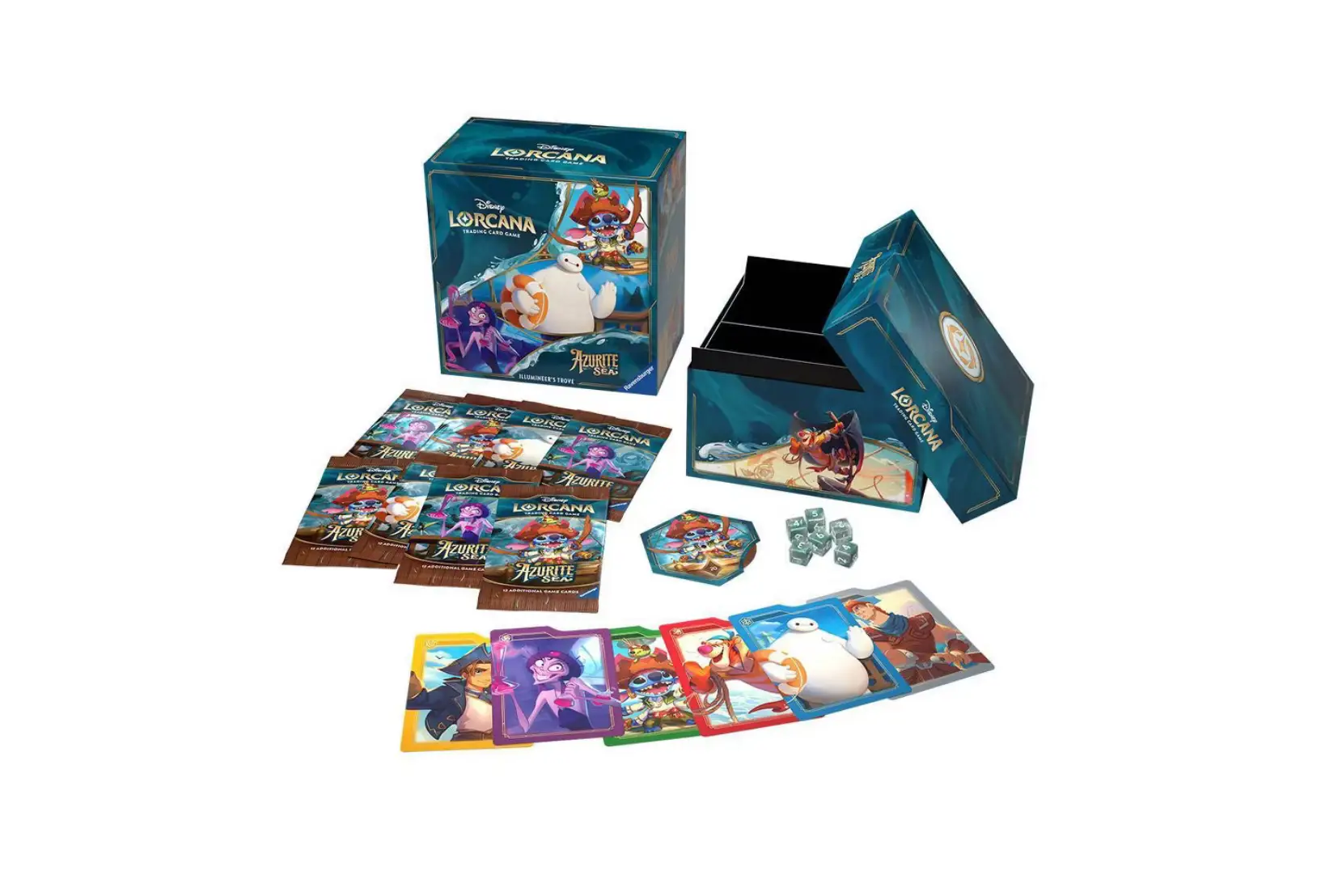 Disney Lorcana trading card game: Azurite Sea Illumineer's Trove card featuring vibrant ocean-themed artwork and mystical symbols.