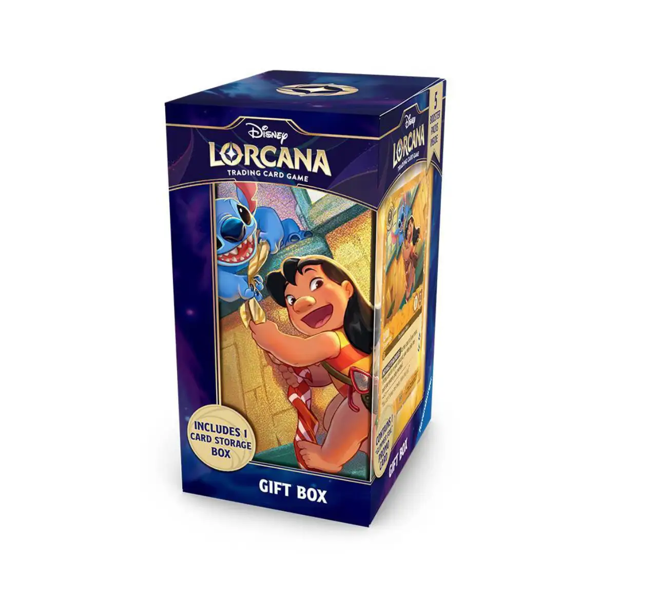 Disney Lorcana trading card game Lilo gift box featuring colorful cards and packaging with Lilo and Disney characters.