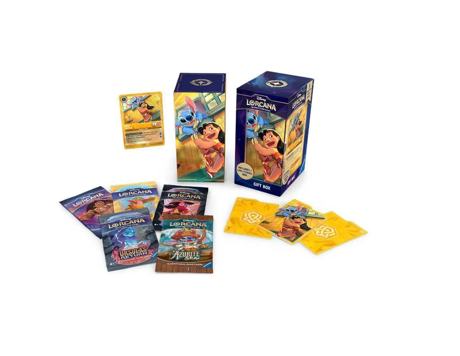 Disney Lorcana trading card game Lilo gift box with colorful cards and themed packaging, perfect for collectors and fans.