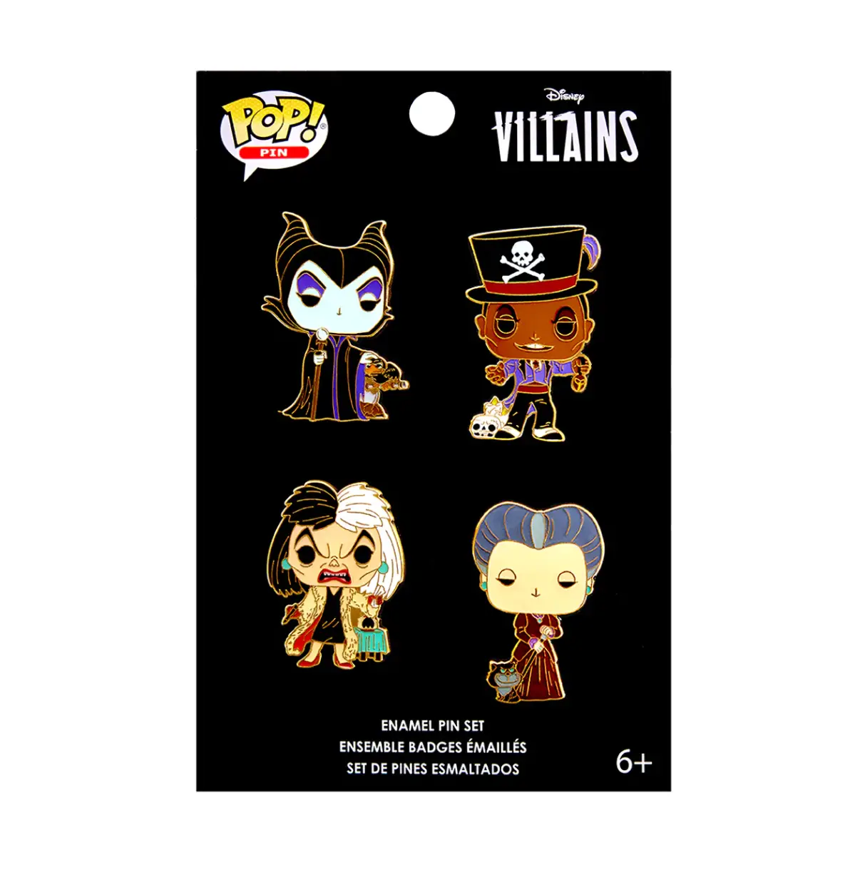 Disney Villains 4-pack pin set featuring iconic characters from classic Disney movies, perfect for collectors and fans.