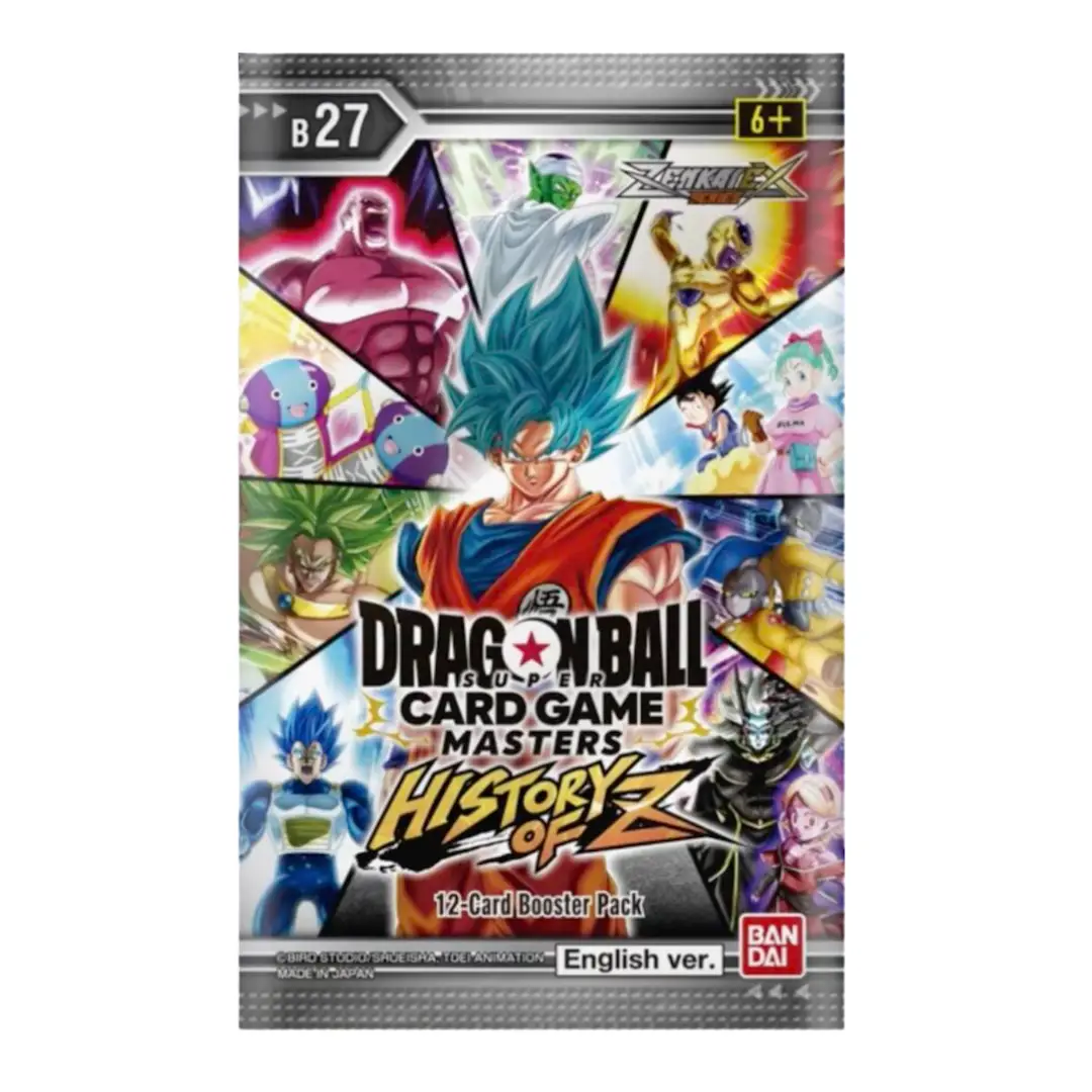 Dragon Ball Super Card Masters booster pack, History of Z, featuring vibrant card art from the BT27 set.