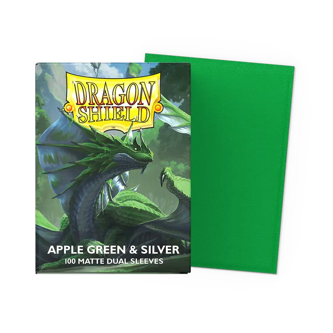 Apple green and silver matte dual Dragon Shield sleeves with reinforced edges for trading card protection.