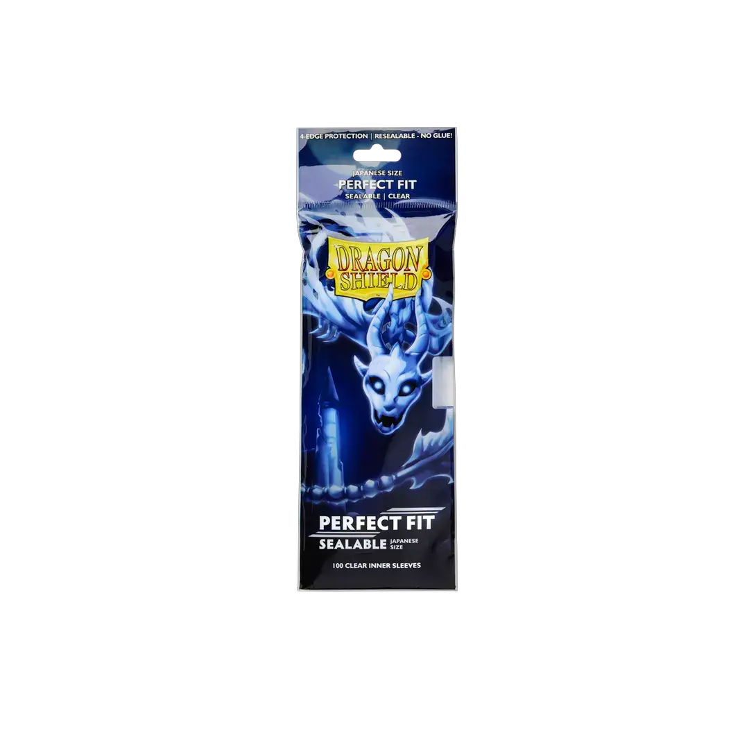 Clear sealable Dragon Shield sleeves with perfect fit, designed for trading cards, shown in a close-up image