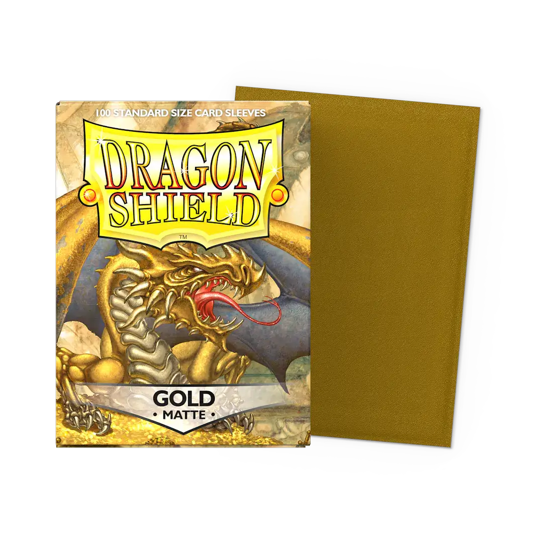 Gold matte standard-sized card sleeves from THE MIGHTY HOBBY SHOP, shown in a flat box layout.