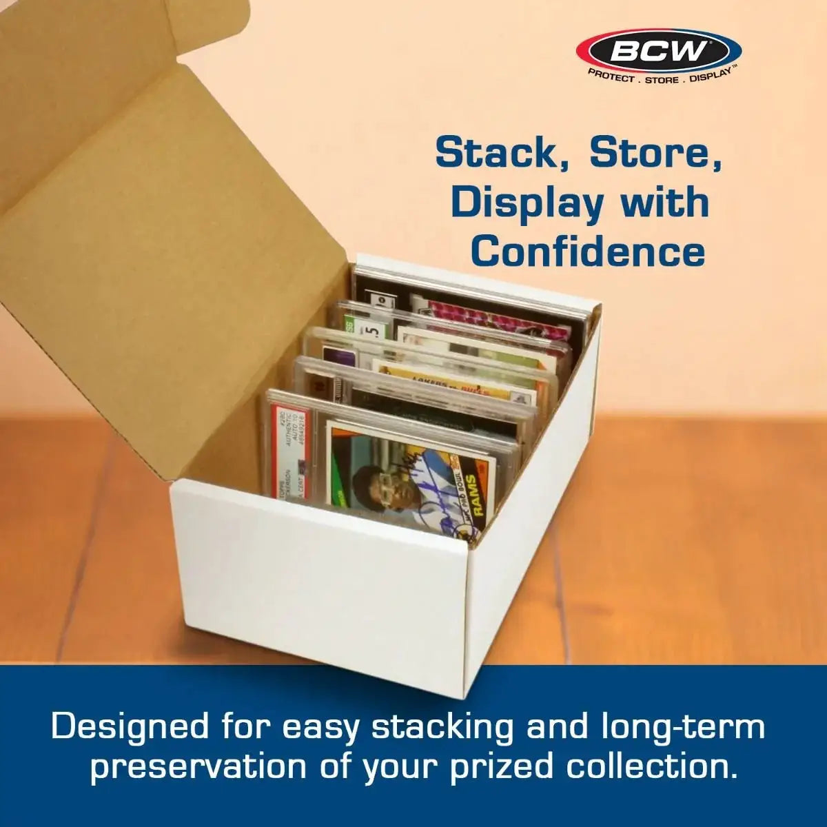 Graded trading card box from THE MIGHTY HOBBY SHOP, showing securely packed collectible trading cards inside a sturdy box.