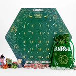 Colorful holiday dice advent calendar from THE MIGHTY HOBBY SHOP with numbered doors and festive Christmas design.