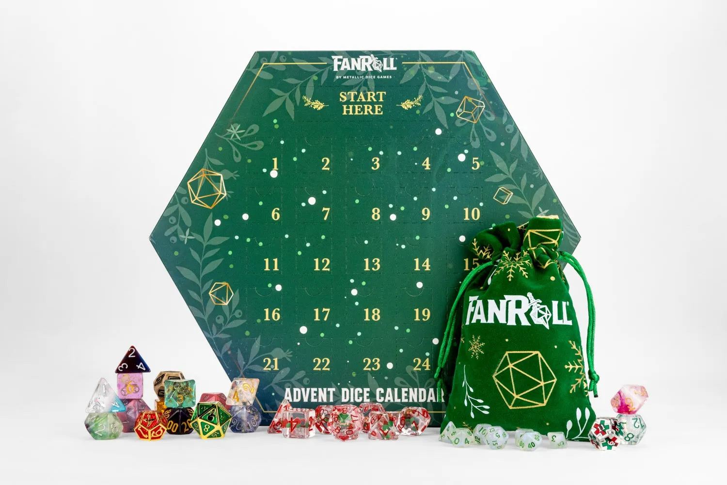 Colorful holiday dice advent calendar from THE MIGHTY HOBBY SHOP with numbered doors and festive Christmas design.