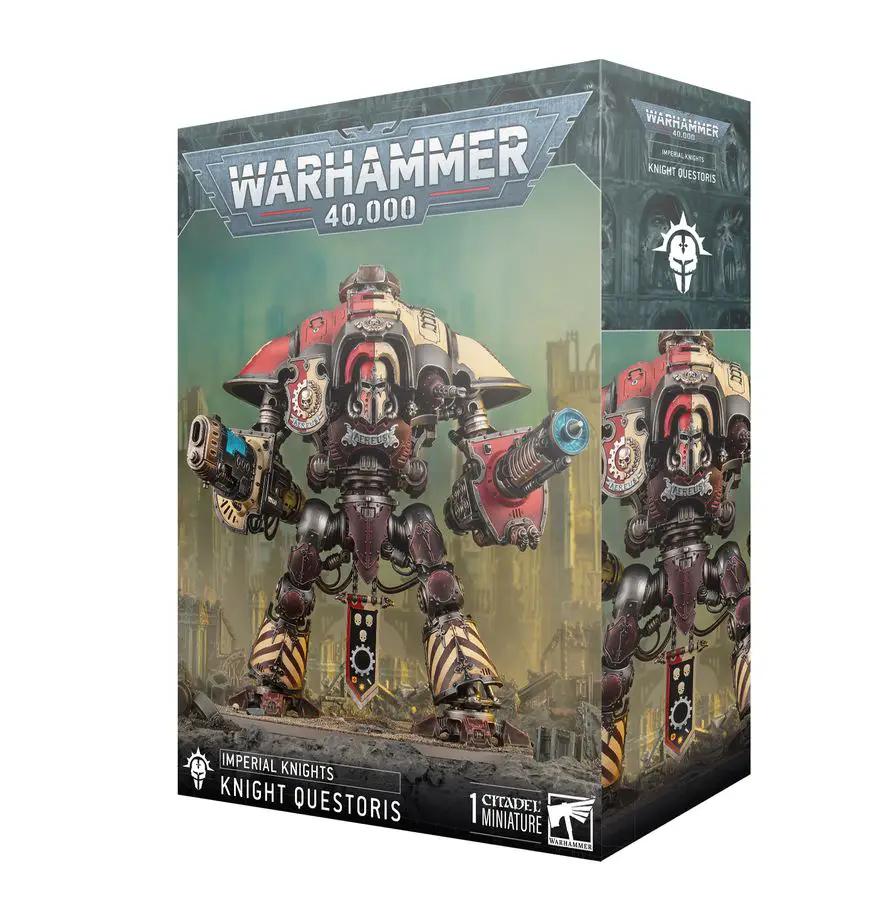 Imperial Knights Knight Questoris model from THE MIGHTY HOBBY SHOP, featuring detailed armor and weaponry on a battlefield base.