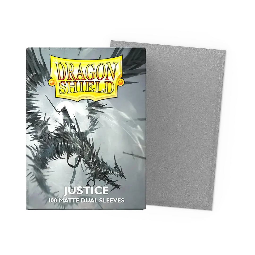 Flat image of a Justice Matte Dual Sleeves Standard Size card sleeve box by THE MIGHTY HOBBY SHOP.