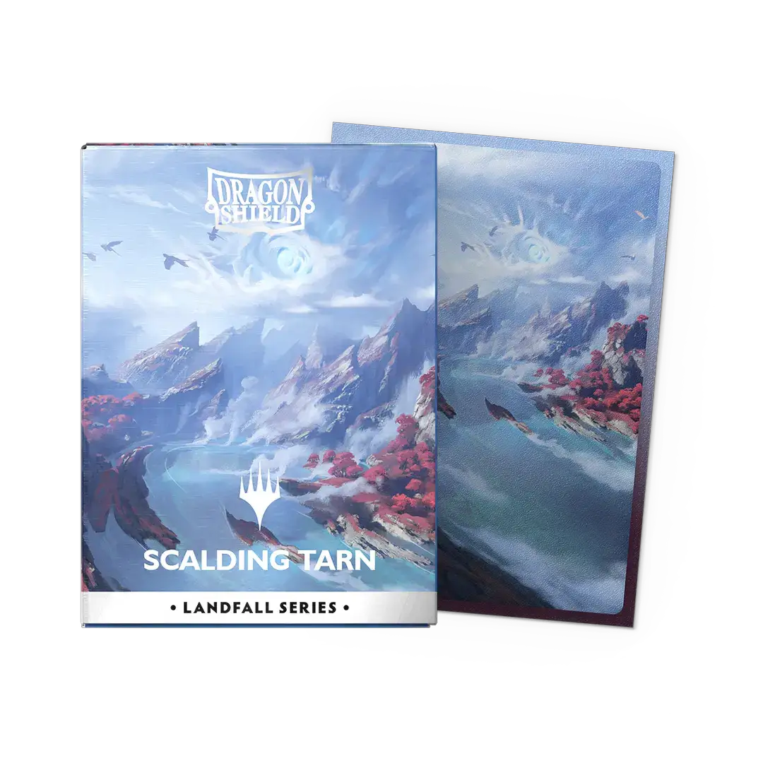 Matte dual art sleeves featuring Scalding Tarn from the Landfall Series, designed by THE MIGHTY HOBBY SHOP for Magic: The Gathering cards.