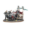 Ossiarch Bonereapers Liege-Kavalos on War Chariot from THE MIGHTY HOBBY SHOP, detailed undead war vehicle with armored horses and chariot.