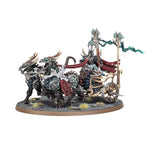 Ossiarch Bonereapers Liege-Kavalos on War Chariot from THE MIGHTY HOBBY SHOP, detailed undead war vehicle with armored horses and chariot.