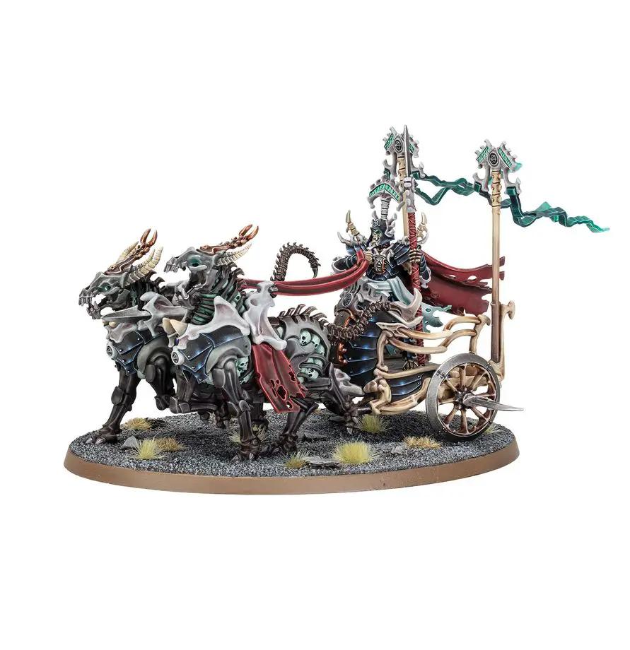 Ossiarch Bonereapers Liege-Kavalos on War Chariot from THE MIGHTY HOBBY SHOP, detailed undead war vehicle with armored horses and chariot.