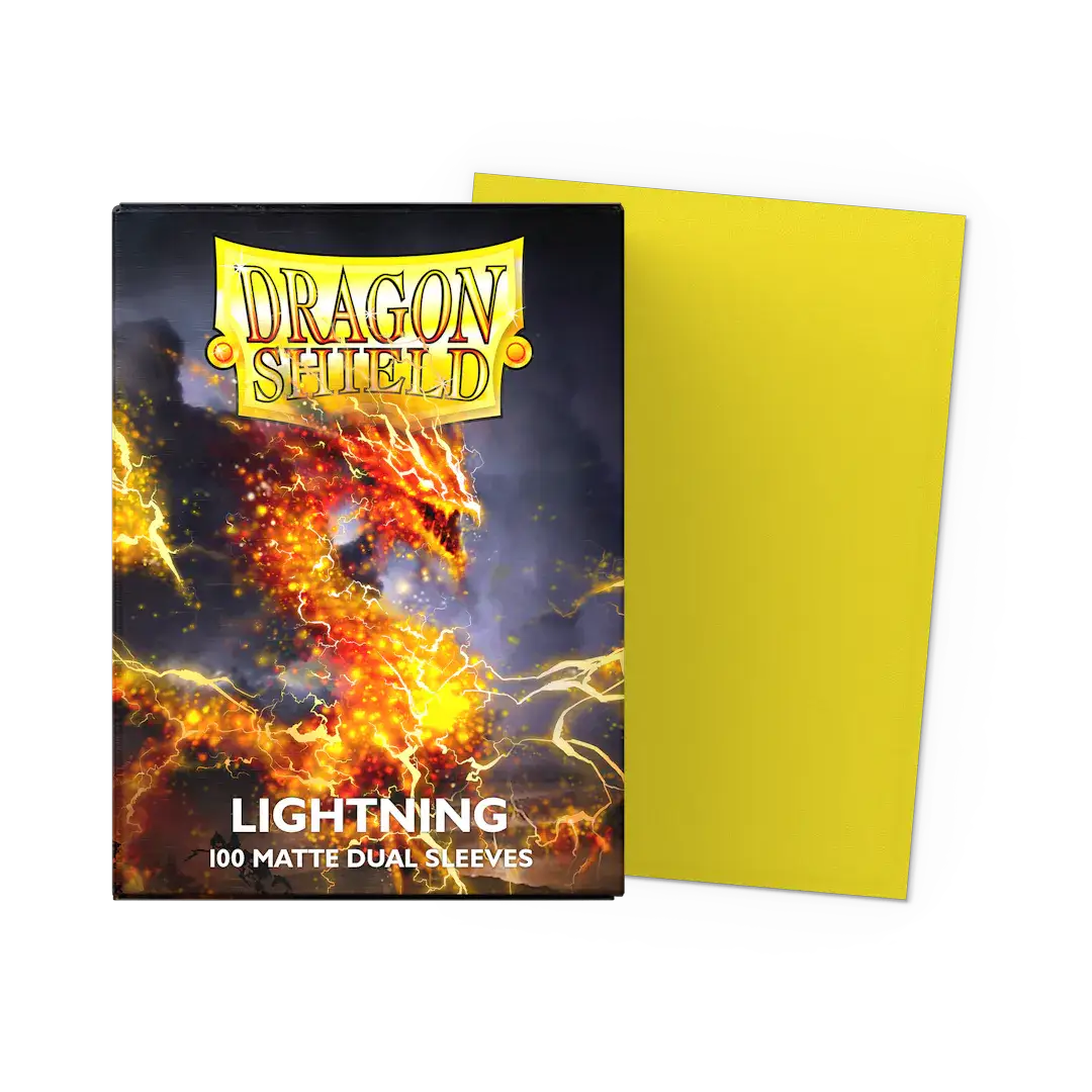Flat image of a standard-sized Lightning Matte Dual Sleeves box from THE MIGHTY HOBBY SHOP, showcasing the packaging design.