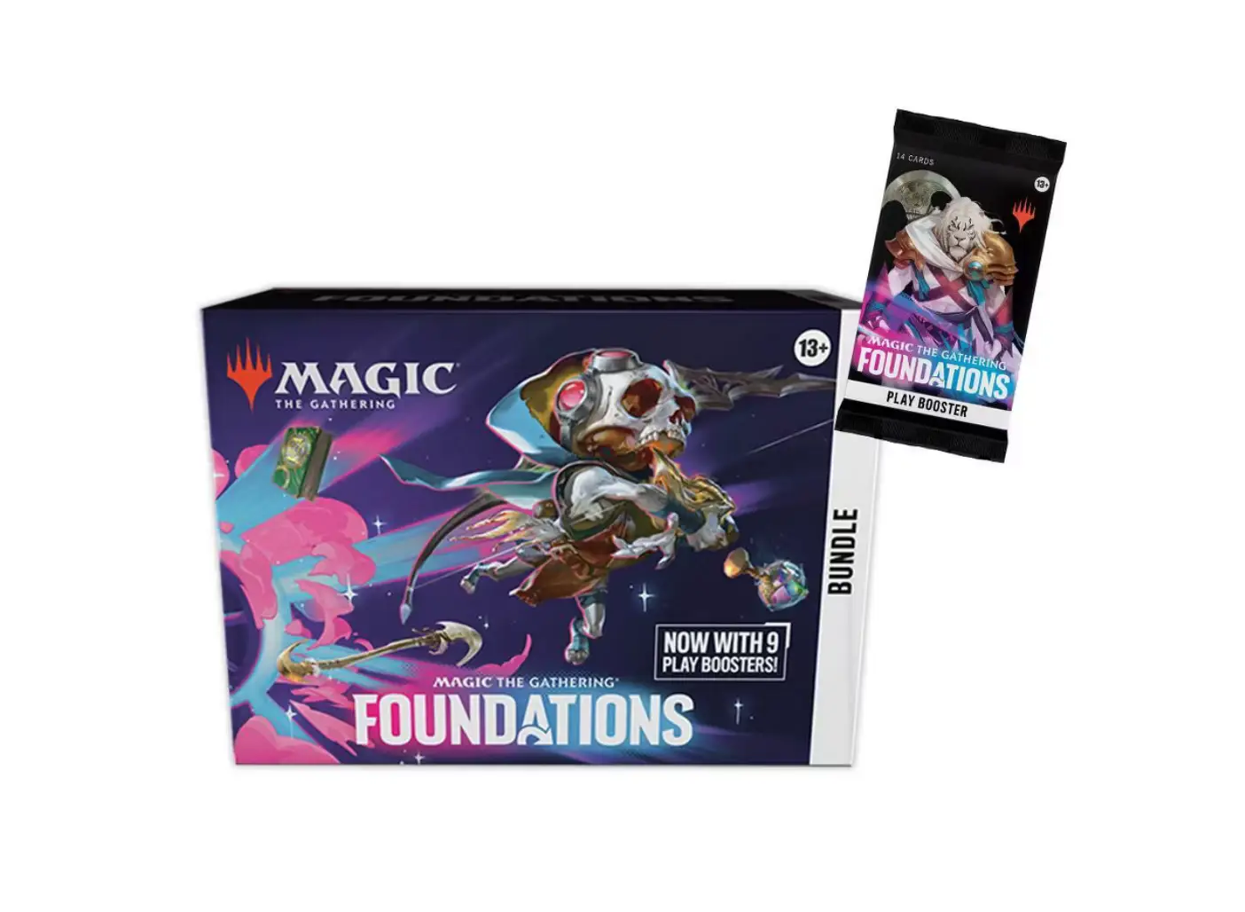 Screenshot of Magic: The Gathering Foundations Bundle packaging, featuring colorful cards and branding from THE MIGHTY HOBBY SHOP.
