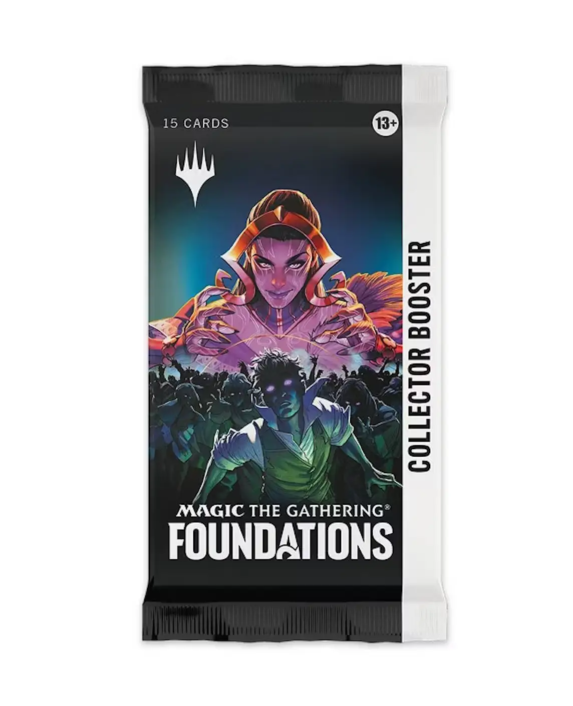 Magic: The Gathering Foundations Collector Booster pack with colorful card artwork and packaging featuring fantasy artwork.