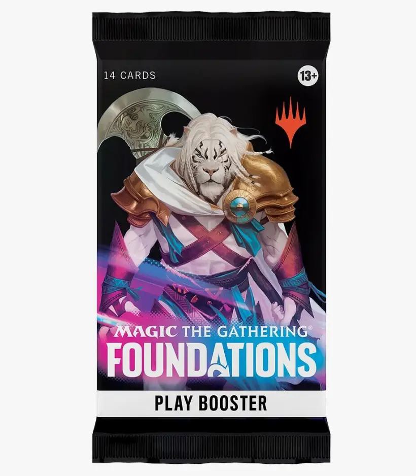 Magic: The Gathering Foundations Play Booster Pack by THE MIGHTY HOBBY SHOP, featuring colorful trading card artwork.