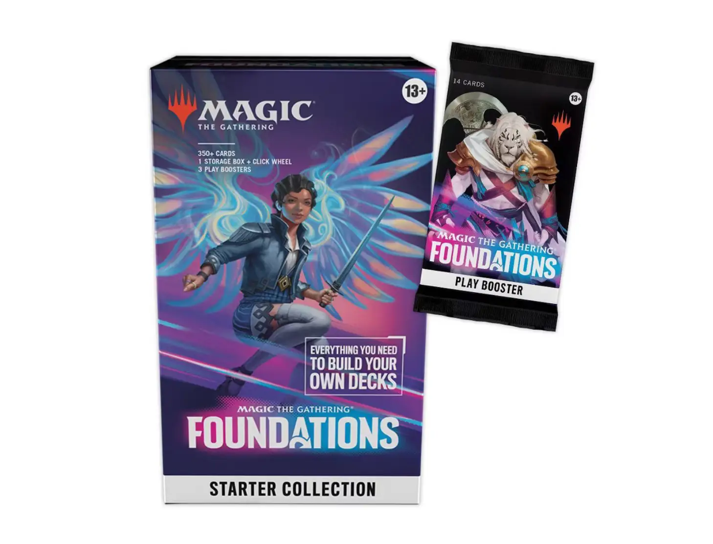 Magic: The Gathering Foundations Starter Collection box with colorful cards and accessories for new players.