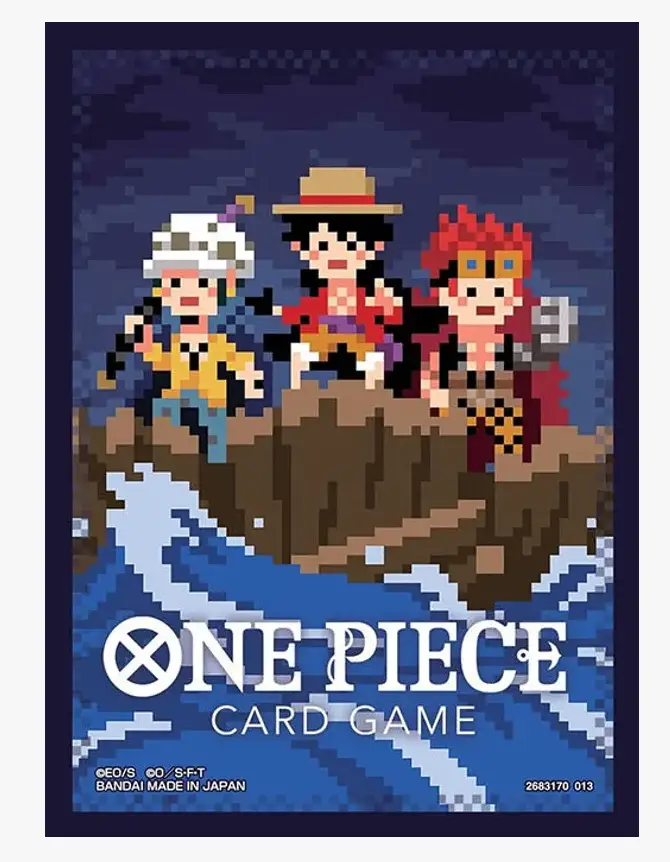 Assortment of six Bandai One Piece Card Game sleeves featuring pixel art of the three captains, set of 70 sleeves.